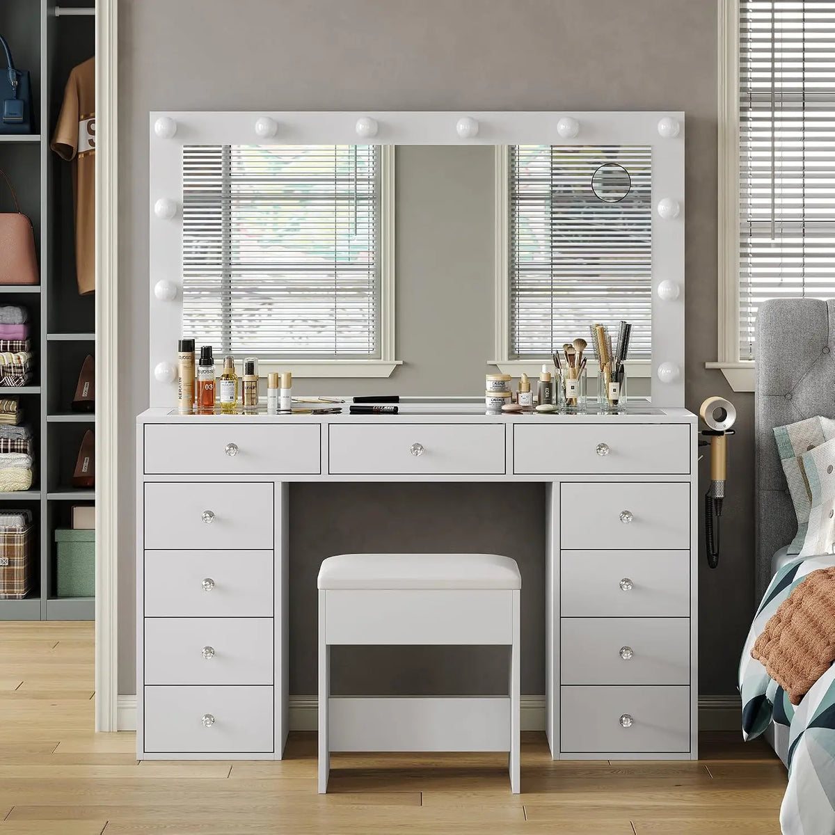 FUSOU Vanity Desk with Power Outlet, Makeup Vanity with Mirror and 12 LED Lights, 3 Lighting Modes, 11 Drawers Vanity Table with Chair, White
