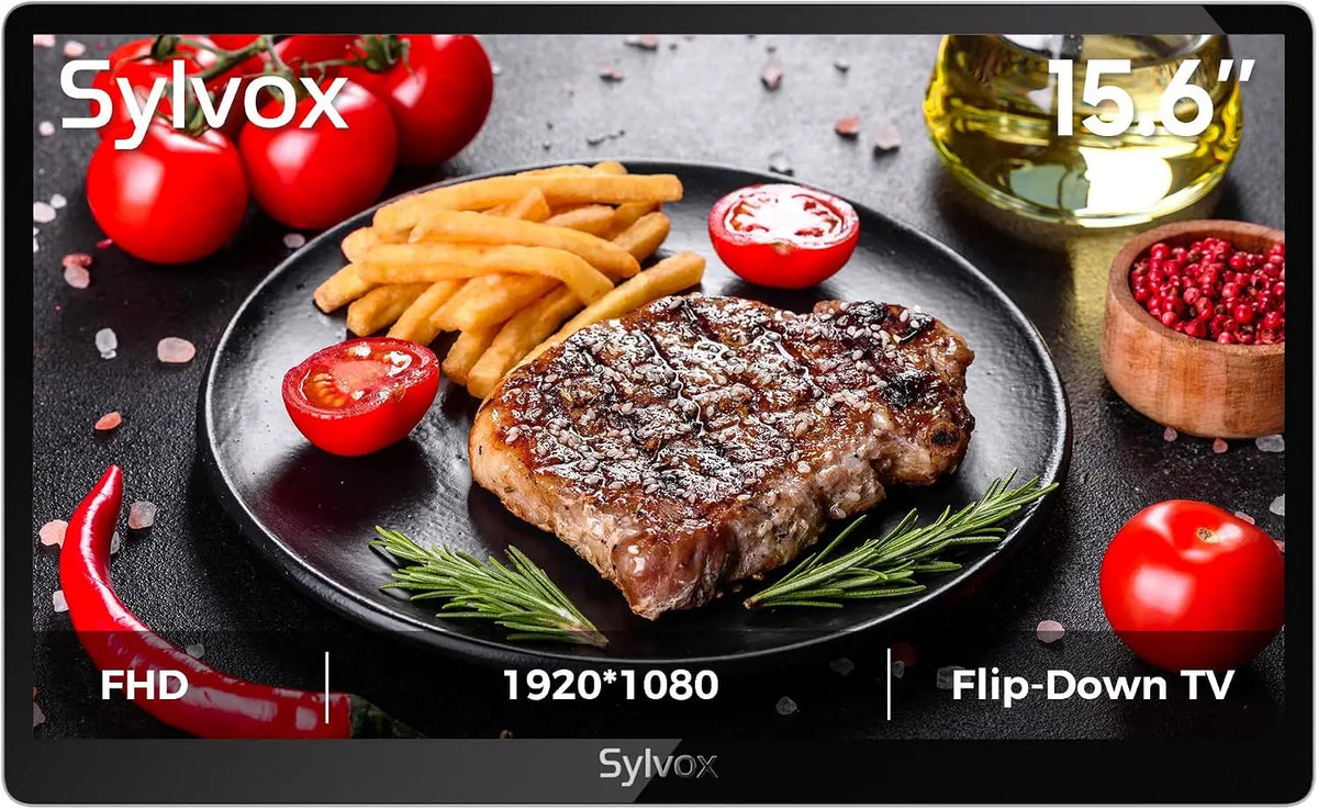 SYLVOX 15.6 Inch Under-Cabinet TV, 12-Volt Kitchen TV, 90° Flip-Down Design, Bluetooth Connectivity, Wi-Fi Connectivity