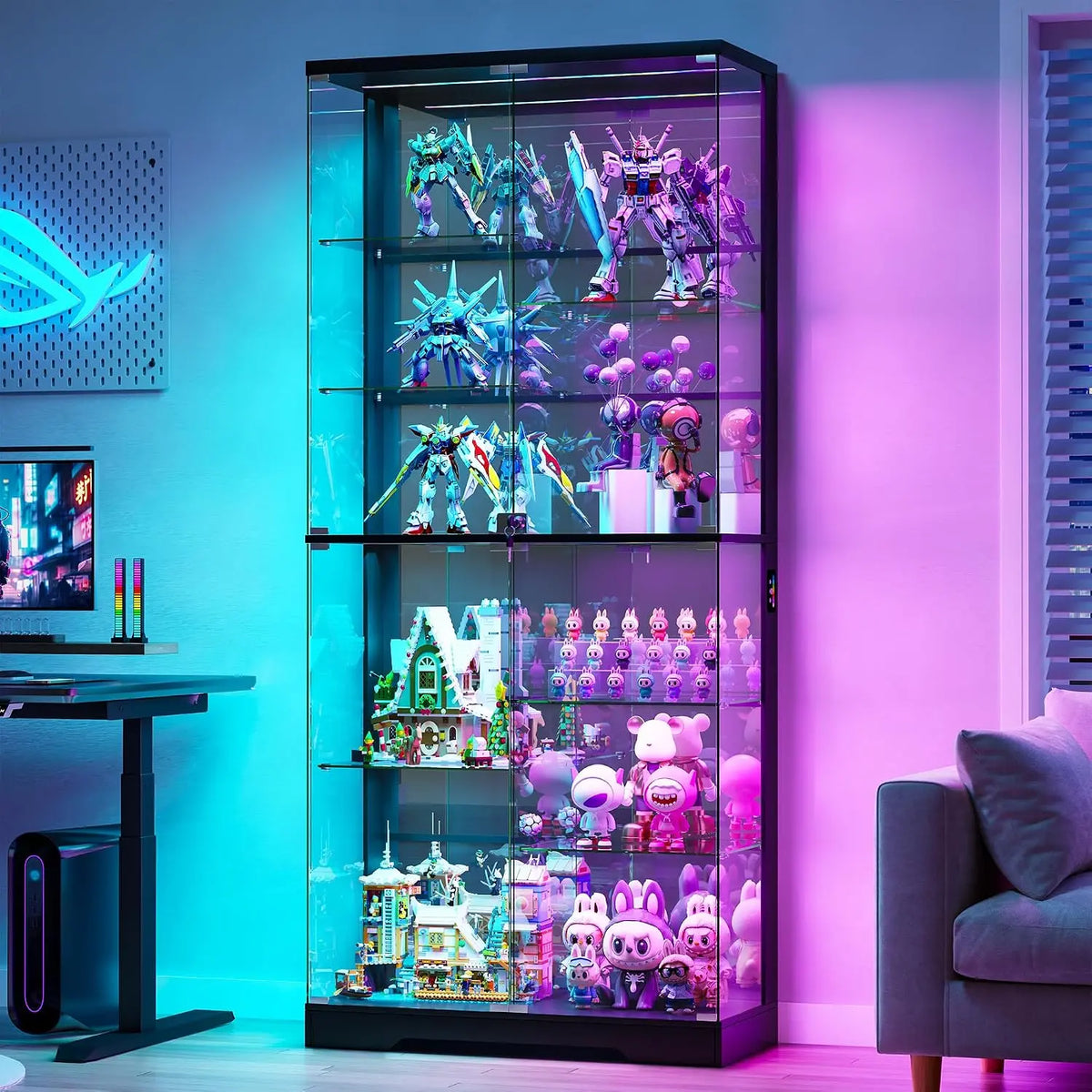 HNEBC RGB Lighted Display Cabinet with Glass Doors, Lockable, Black, LED Display