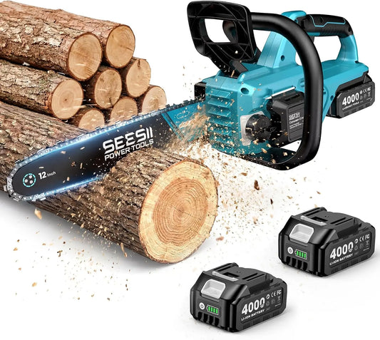 SEESII Battery Chainsaw Cordless 12-inch with 2×4000mAh Batteries, Brushless Motor