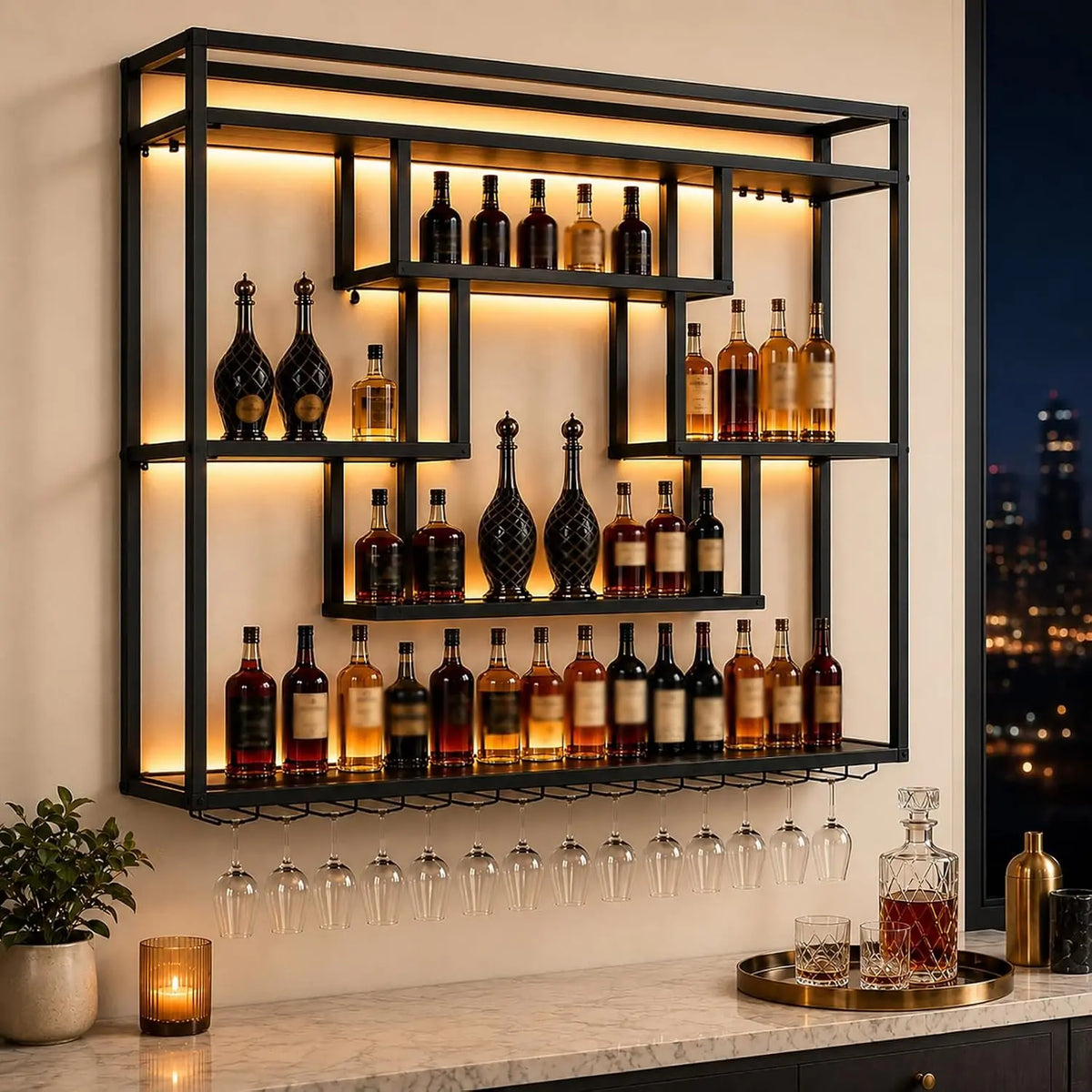 Wall Mounted Wine Rack with LED Lights, Large Industrial Metal Liquor Bottle Display Shelf with Stemware Holder, Home Bar, Kitchen, Dining Room