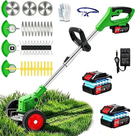 21V Electric Weed Wacker Cordless Weed Eater Battery Powered, Lightweight No String Trimmer with 2 Battery Operated&Wheels