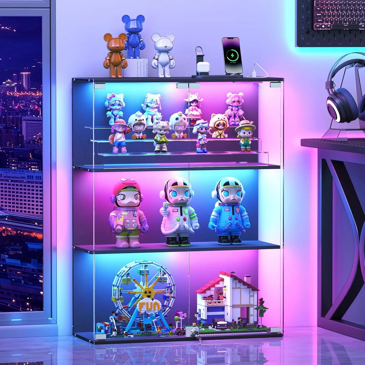 VersionTECH. Glass Display Cabinet with RGB LED Lights, Full-View Display, 3-Tier Display Case with Glass Doors for Collectibles, Human Sensor, Black