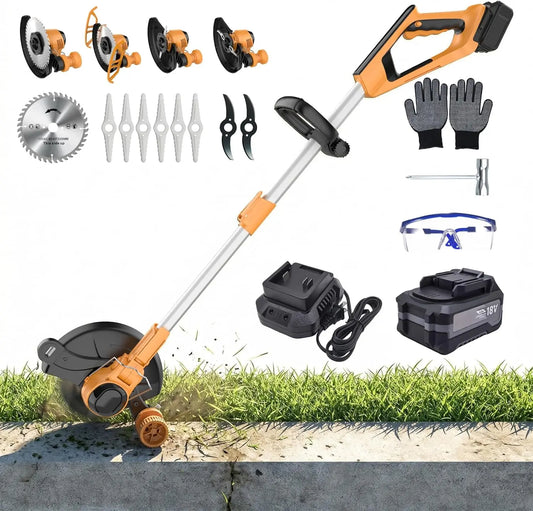 Cordless 4-in-1 Weed Wacker with Wheels, String Trimmer Edger Brush Cutter, Telescopic Foldable Design, 4000mAh Battery Power Display