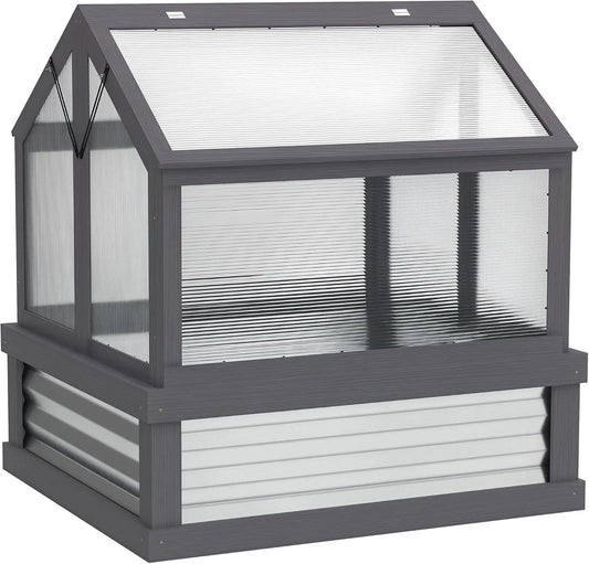 Outsunny Wooden Raised Garden Bed with Polycarbonate Greenhouse - Gray