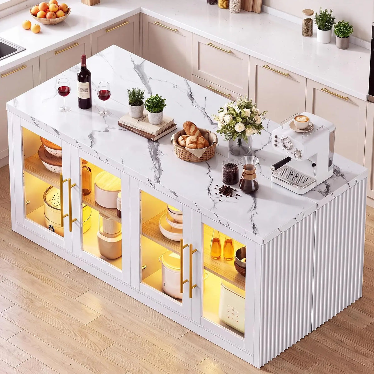 Kitchen Island Table with Storage, 55 Inch Large Island Table White, LED Lighting