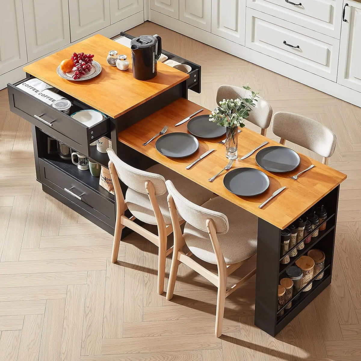 48 Inch-76 Inch Kitchen Islands with Extendable Dining Table, 2-4 People, Black