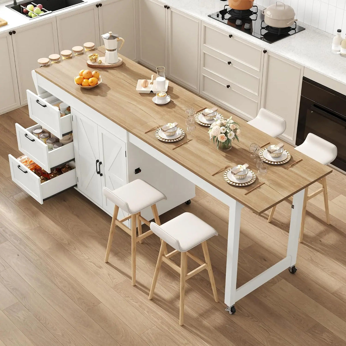 St.Mandyu 47 Inch- 90 Inch Flip-Top Kitchen Island with Extendable Dining Table, Multi-Functional Bar Island Table Seats 2-4, White