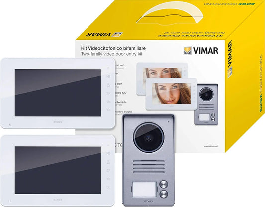 VIMAR K40931 2-Family Entry kit with: 2 Hands-Free 7in LCD entryphones, 2-Button Audio/Video Entrance Panel, 2 Supply Units, White