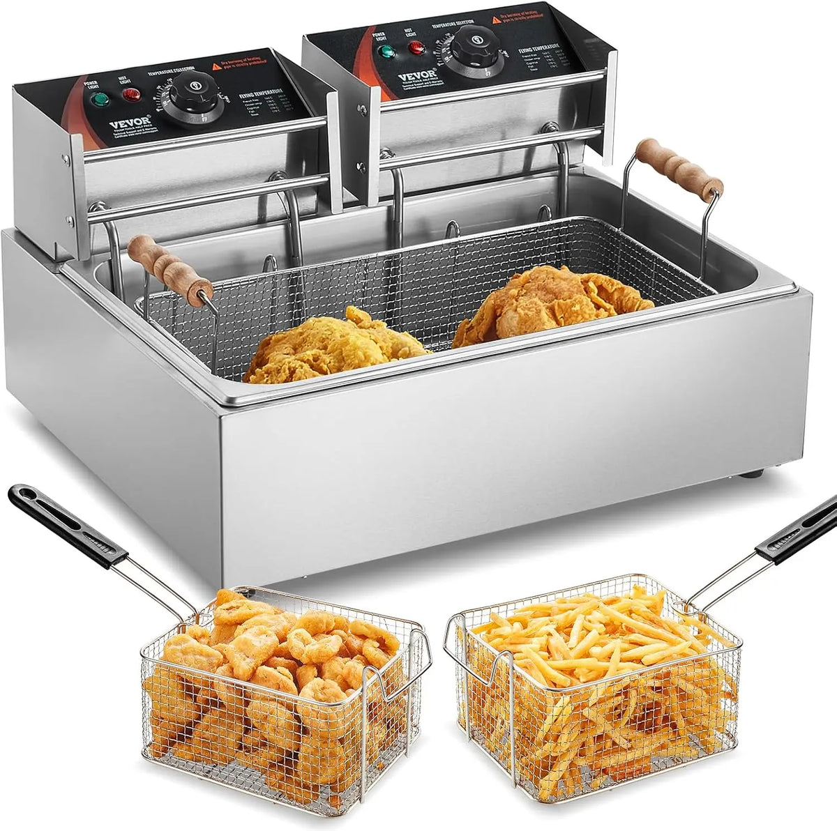 VEVOR Commercial Deep Fryer, 3000W Electric Turkey Fryer with 3 Removable Baskets, for Kitchen Restaurant Use, Silver