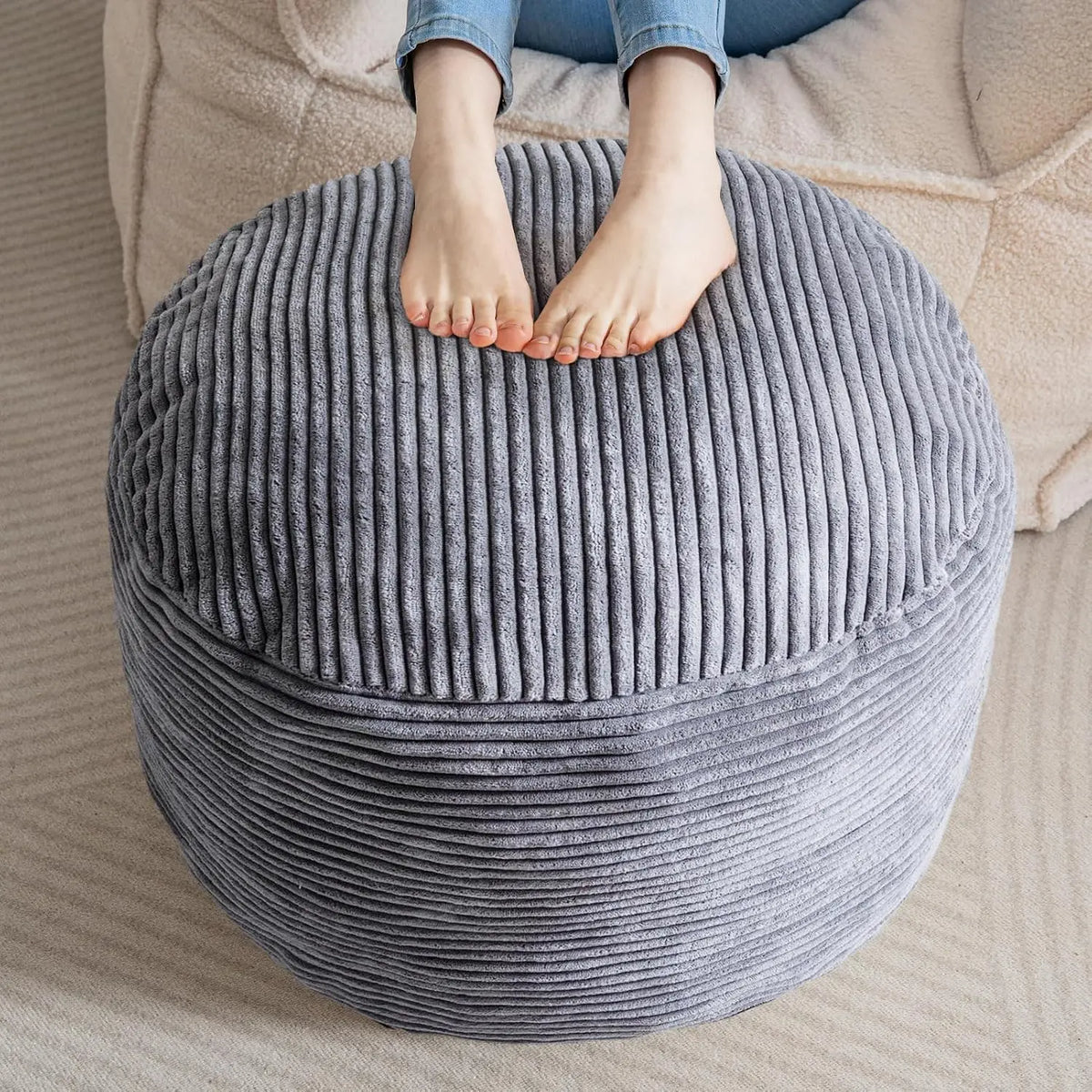 HIGOGOGO Round Stuffed Pouf Ottoman, Corduroy Poufs with Foam Chunk Filling, 20 X 15 Floor Poufs Foot Rest for Living Room, Dark Gray