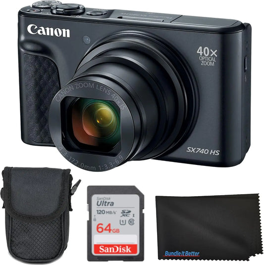 Canon PowerShot SX740 HS Digital Camera Black 4PC Bundle, Includes 64GB SD Memory Card + Padded Carrying Case + Microfiber Cleaning Cloth, LCD Display