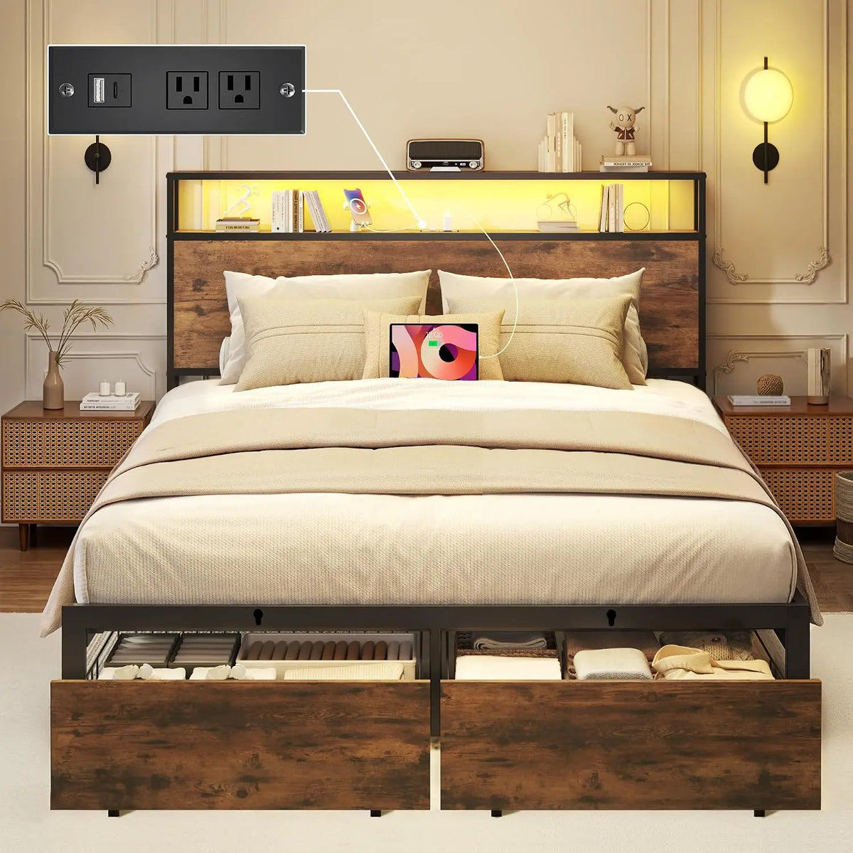 Full Bed Frame with Charging Station, LED Lights, 2 Drawers, Rustic Brown, LED Lighting
