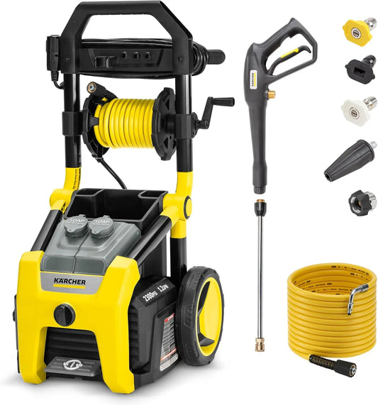 Kärcher 1.2 GPM Pressure Washer K2300PS, CETA Certified, 4 Spray Nozzles, Detergent Tank, Hose Reel, for Cars, Driveways, Siding, Patios