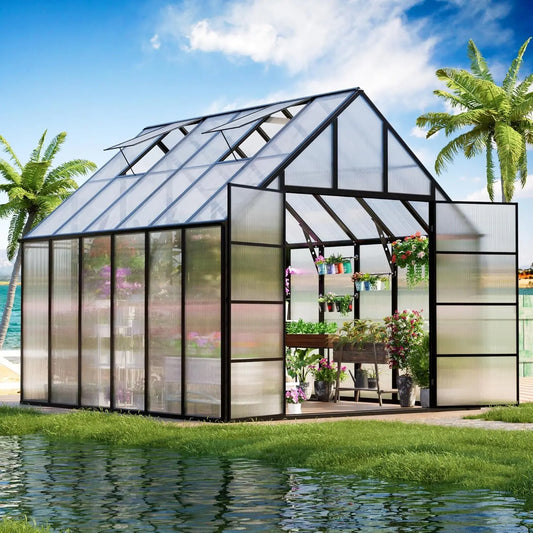 CDCASA - 12x10x10 FT Polycarbonate Greenhouse for Outdoors w/2 Windows