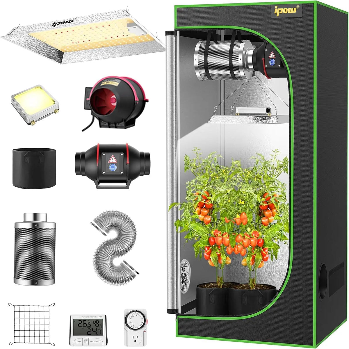IPOW Grow Tent Kit Complete System 2x2 ft with VS1000 Led Grow Light, 4 Inch 190CFM Inline Fan, Carbon Filter and 8ft Ducting Combo, Timer