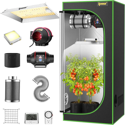IPOW Grow Tent Kit Complete System 2x2 ft with VS1000 Led Grow Light, 4 Inch 190CFM Inline Fan, Carbon Filter and 8ft Ducting Combo, Timer