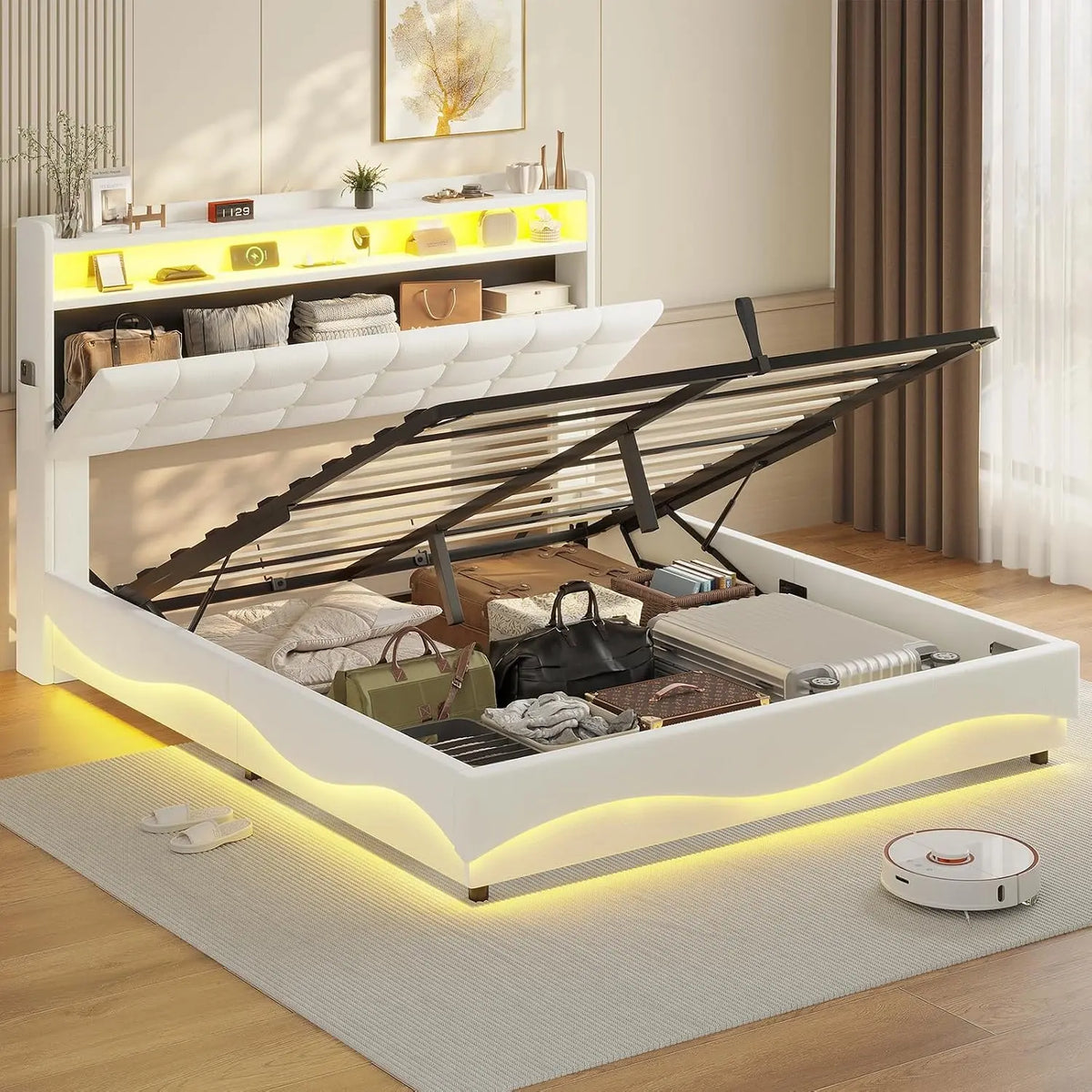 ADORNEVE Lift Up Storage Full Bed Frame with Storage Headboard, Beige, LED Lighting, Remote Control