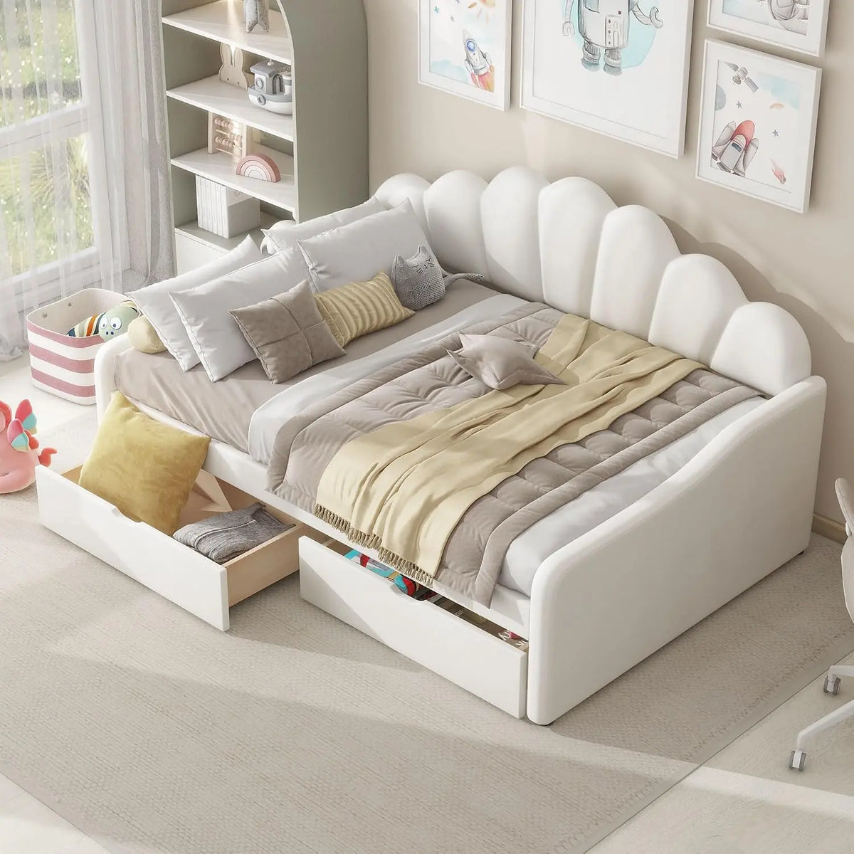 Merax Full Size Modern Upholstered Sofa Day Bed with Shall Shaped Backrest & Storage Drawers, Mutifunction Platform Bed with Wood Slat Support, White