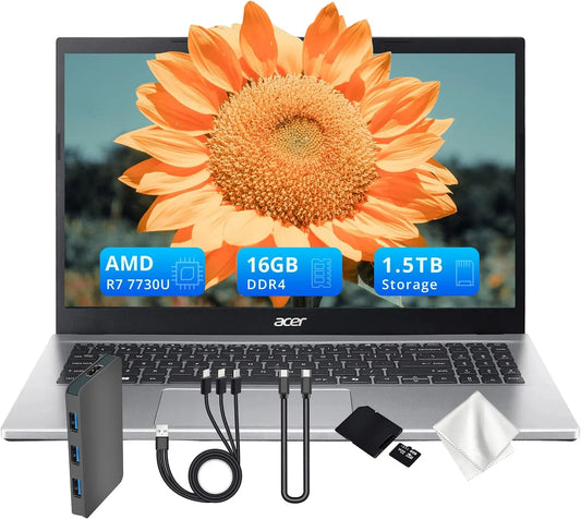 Acer Aspire Go 15 15.6 Inch FHD Laptop, AMD Ryzen 7 7730U, 16GB RAM, 1.5TB Storage 512GB SSD&1TB Docking Station Set, Wi-Fi 6, Windows 11, Silver