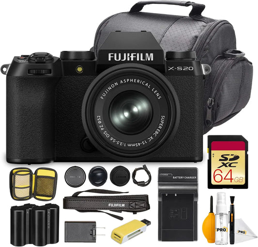 FUJIFILM X-S20 26.1MP Mirrorless Camera with 15-45mm Lens & Photo Bundle, Touch Controls, Bluetooth Connectivity