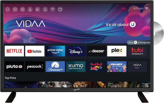 Supersonic SC-2426SDVD 24-inch LED Smart HDTV w/DVD Player, ATSC & NTSC System, 3X HDMI, 1080p, WiFi, USB, Multi Language OSD, Kitchen, or RV Camper