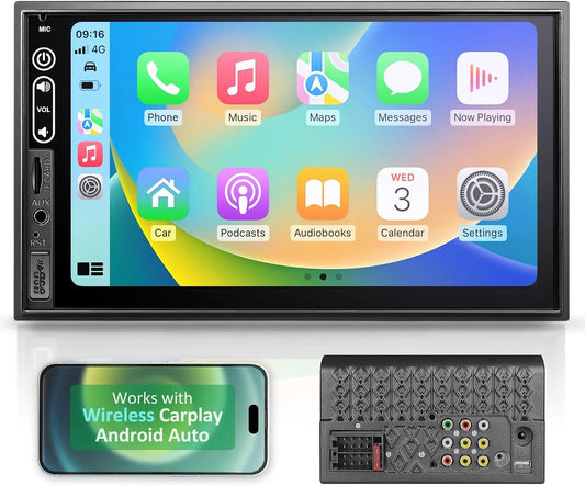 Double Din Car Stereo Compatible with Wireless Apple Carplay, Android Auto, 7 Inch Touch Screen Car Audio Receiver with Bluetooth, AUX, FM Car Radio