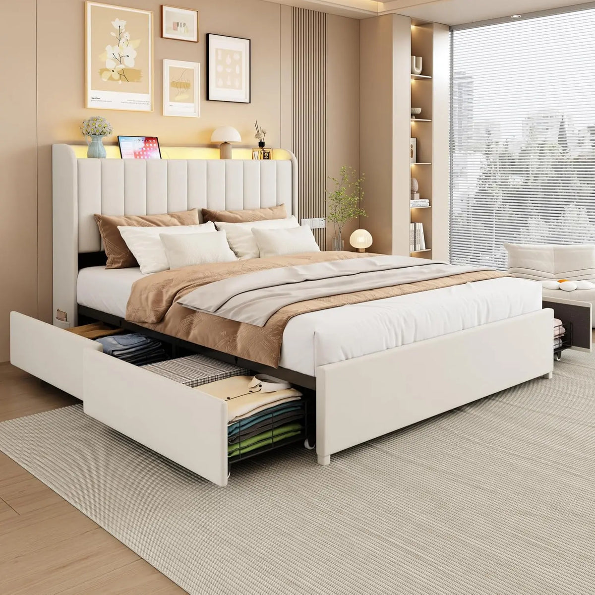Queen Bed Frame with 4 Storage Drawers, LED Bed Frame with Charging Station, Velvet Channel Tufted Upholstered Headboard, No Box Spring Needed, Beige
